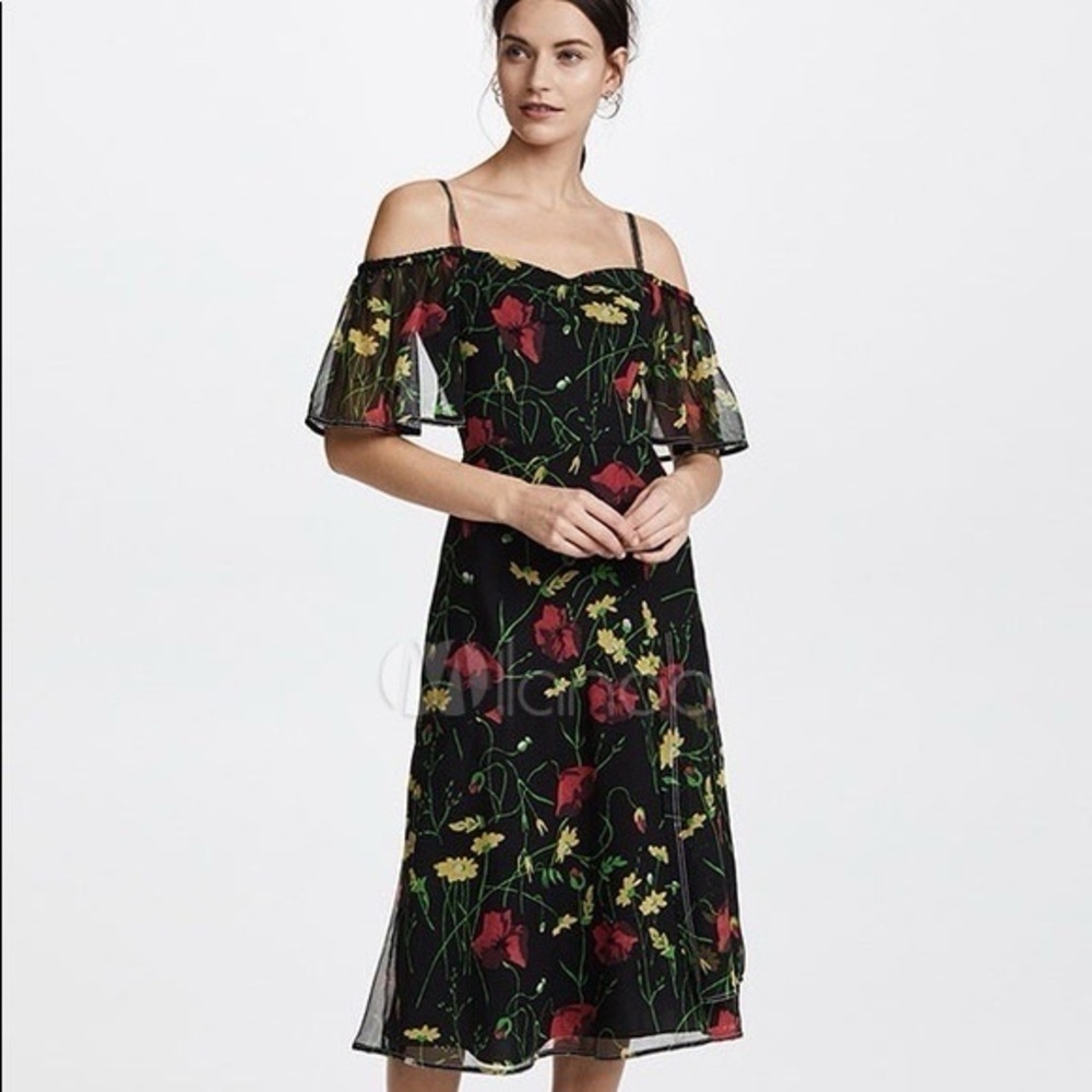 Jason Wu Grey Off-Shoulder Floral-Print 100% Silk Chiffon Dress MSRP $595 Sz 10
